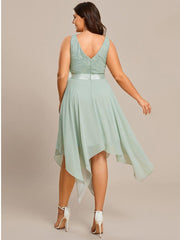 Cute V-Neck A-Line Prom Lace Dress for Women with Sash
