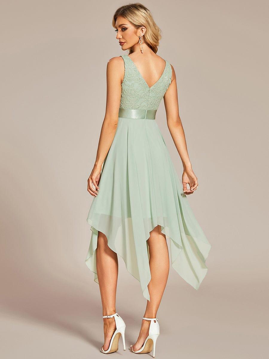 Cute V-Neck A-Line Prom Lace Dress for Women with Sash