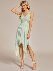 Cute V-Neck A-Line Prom Lace Dress for Women with Sash
