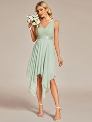 Cute V-Neck A-Line Prom Lace Dress for Women with Sash