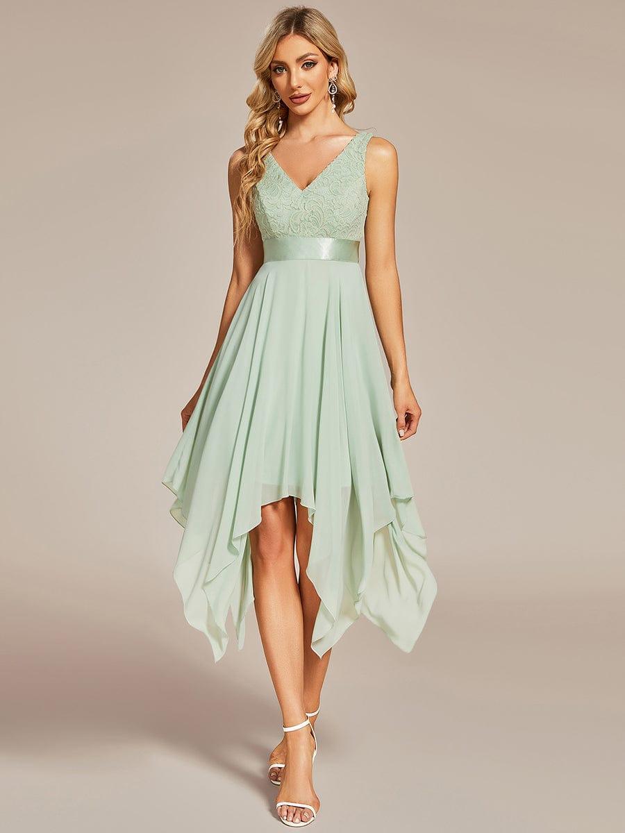 Cute V-Neck A-Line Prom Lace Dress for Women with Sash