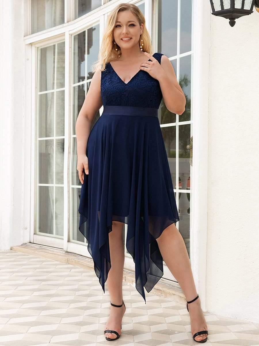 Lovely Plus Size V-Neck Prom Lace Dress for Women with Sash