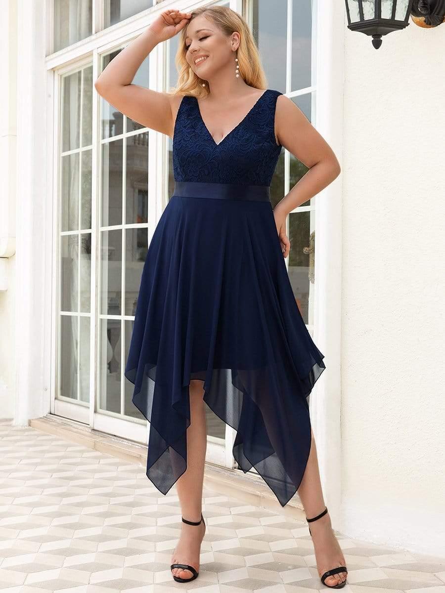 Lovely Plus Size V-Neck Prom Lace Dress for Women with Sash