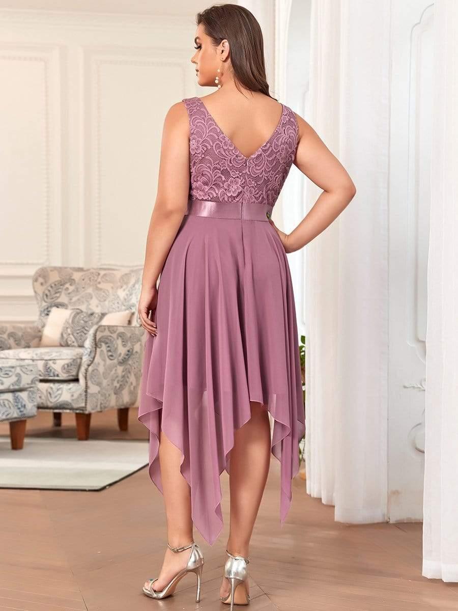 Lovely Plus Size V-Neck Prom Lace Dress for Women with Sash