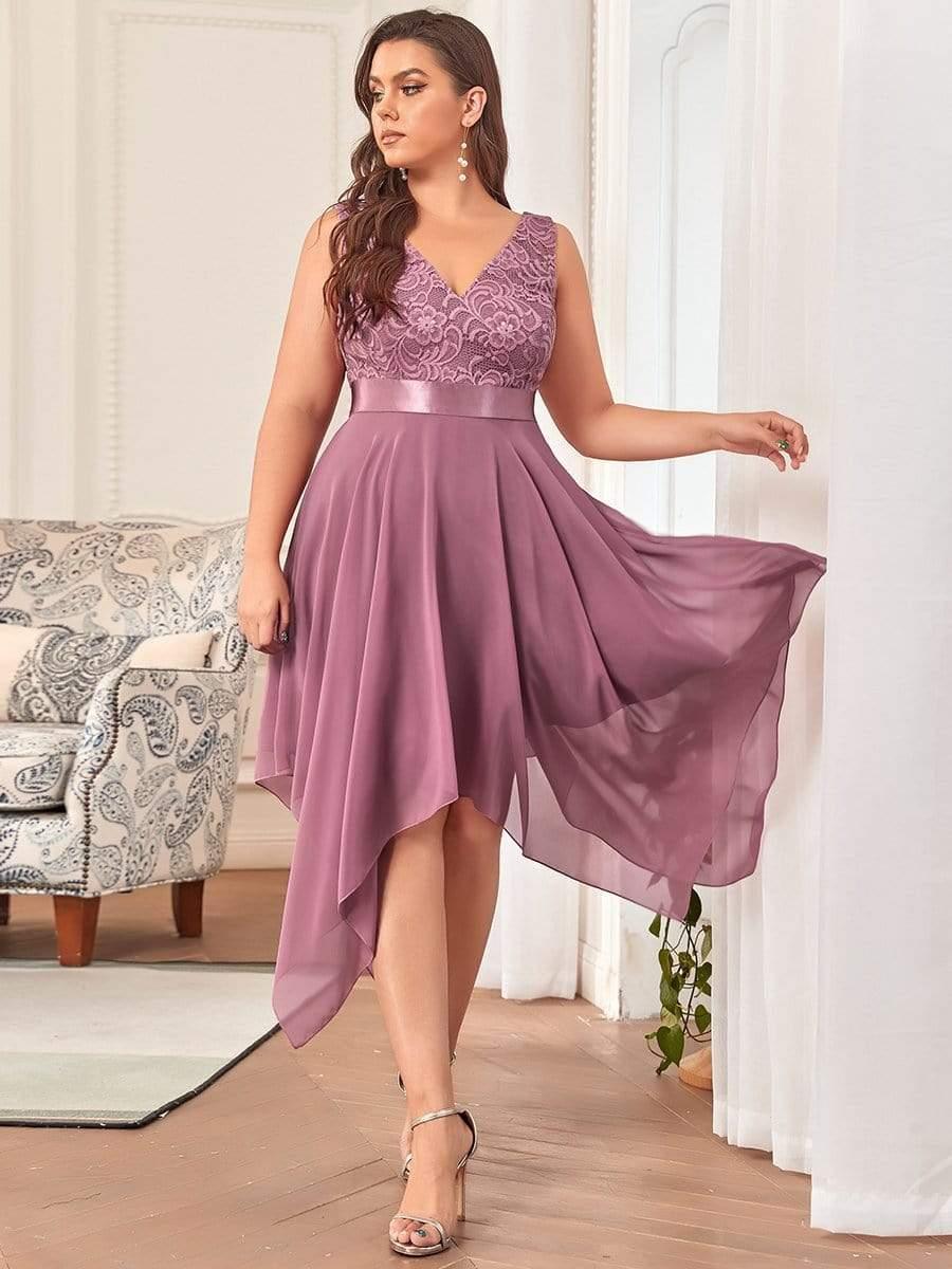 Lovely Plus Size V-Neck Prom Lace Dress for Women with Sash