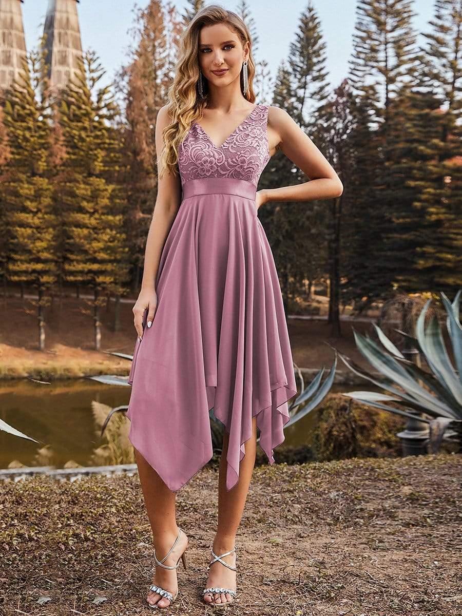 Charming Asymmetrical A-Line V-Neck Lace Dress
