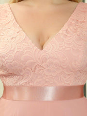 Lovely Plus Size V-Neck Prom Lace Dress for Women with Sash