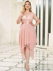 Lovely Plus Size V-Neck Prom Lace Dress for Women with Sash