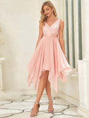 Cute V-Neck A-Line Prom Lace Dress for Women with Sash