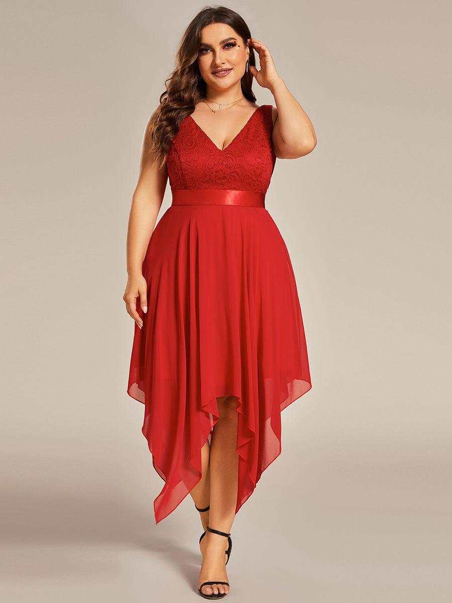 Lovely Plus Size V-Neck Prom Lace Dress for Women with Sash