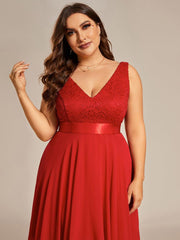 Lovely Plus Size V-Neck Prom Lace Dress for Women with Sash