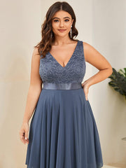 Lovely Plus Size V-Neck Prom Lace Dress for Women with Sash