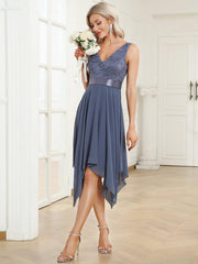Cute V-Neck A-Line Prom Lace Dress for Women with Sash