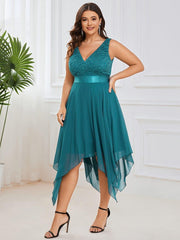 Lovely Plus Size V-Neck Prom Lace Dress for Women with Sash