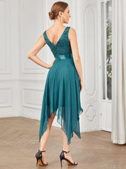 Cute V-Neck A-Line Prom Lace Dress for Women with Sash