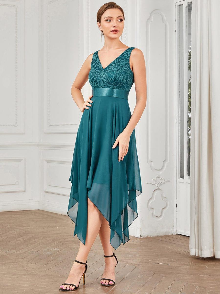Cute V-Neck A-Line Prom Lace Dress for Women with Sash