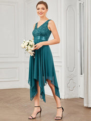 Cute V-Neck A-Line Prom Lace Dress for Women with Sash