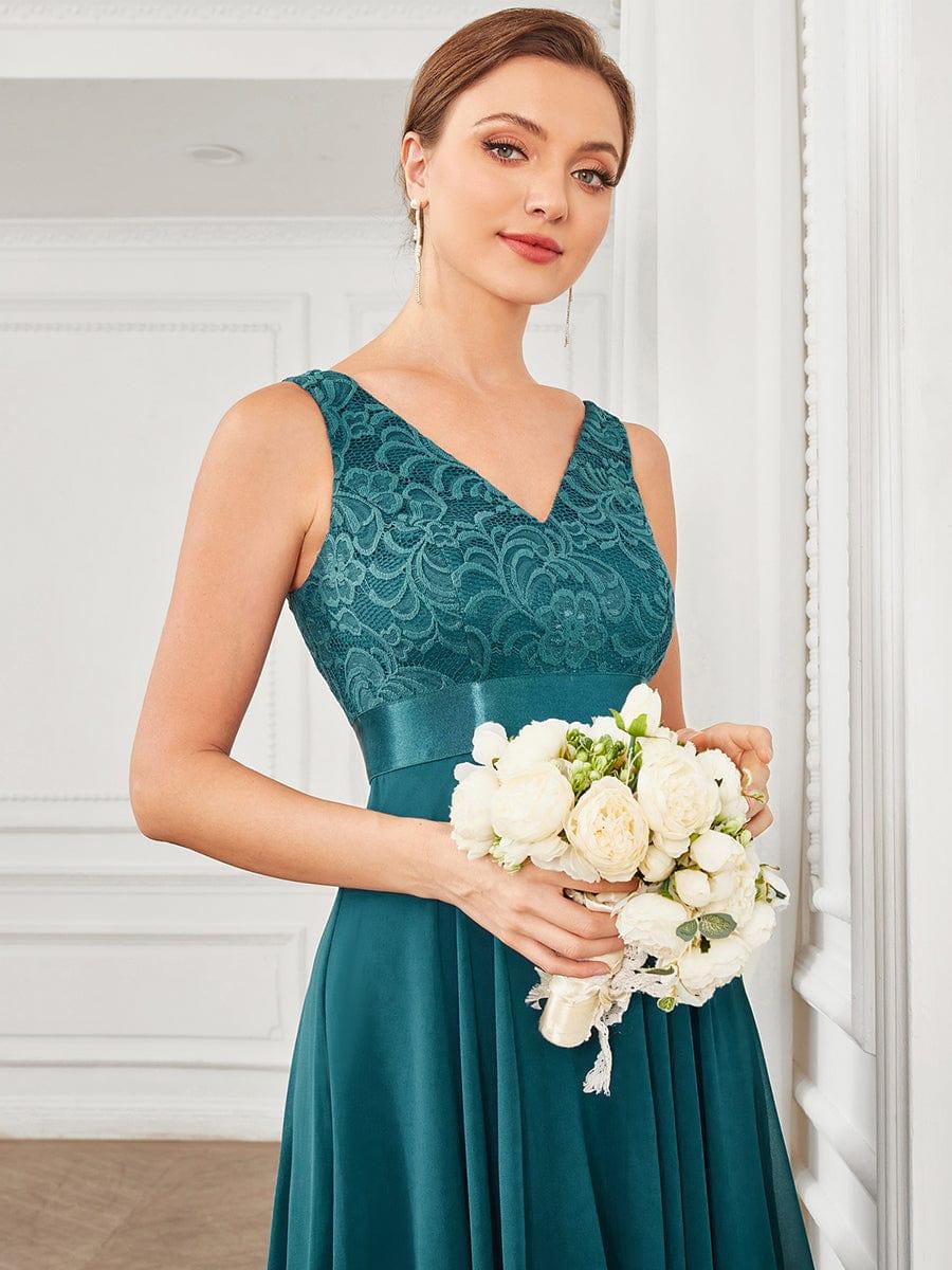 Cute V-Neck A-Line Prom Lace Dress for Women with Sash