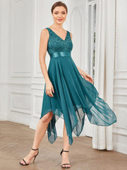 Cute V-Neck A-Line Prom Lace Dress for Women with Sash