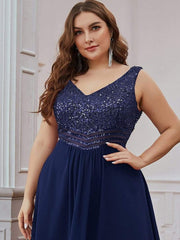 Chic Plus Size Chiffon V-Neck Sleeveless Formal Evening Dresses