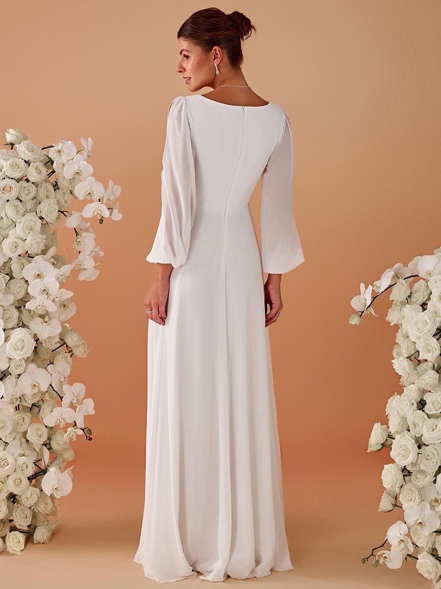Fashionable V-Neck A-Line Chiffon Appliques Wedding Dress with Long Sleeves