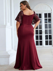 Beautiful Plus Size V-Neck Mermaid Evening Dress with Short Sleeves
