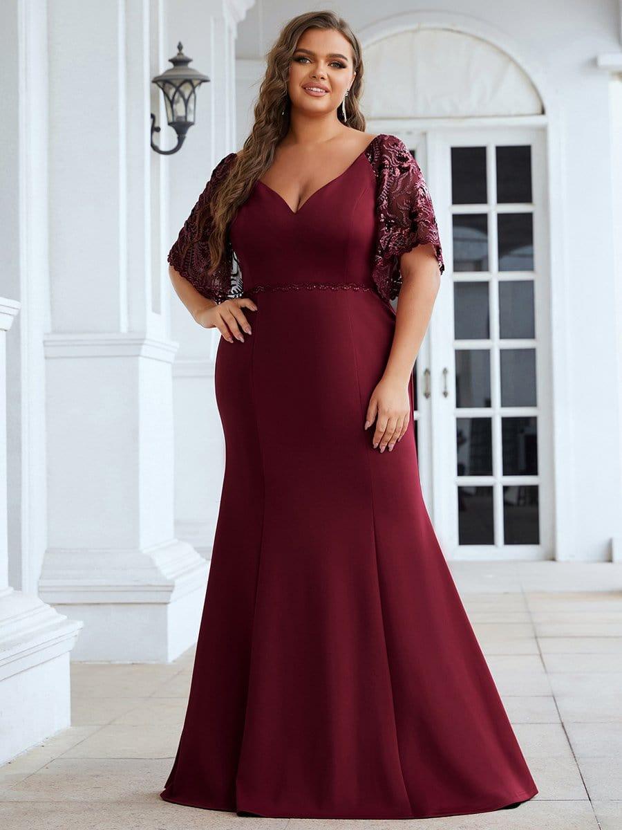Beautiful Plus Size V-Neck Mermaid Evening Dress with Short Sleeves