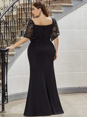 Beautiful Plus Size V-Neck Mermaid Evening Dress with Short Sleeves