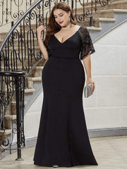 Beautiful Plus Size V-Neck Mermaid Evening Dress with Short Sleeves