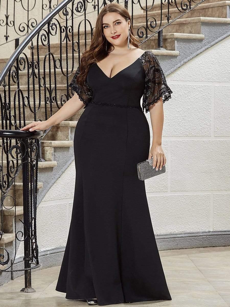Beautiful Plus Size V-Neck Mermaid Evening Dress with Short Sleeves