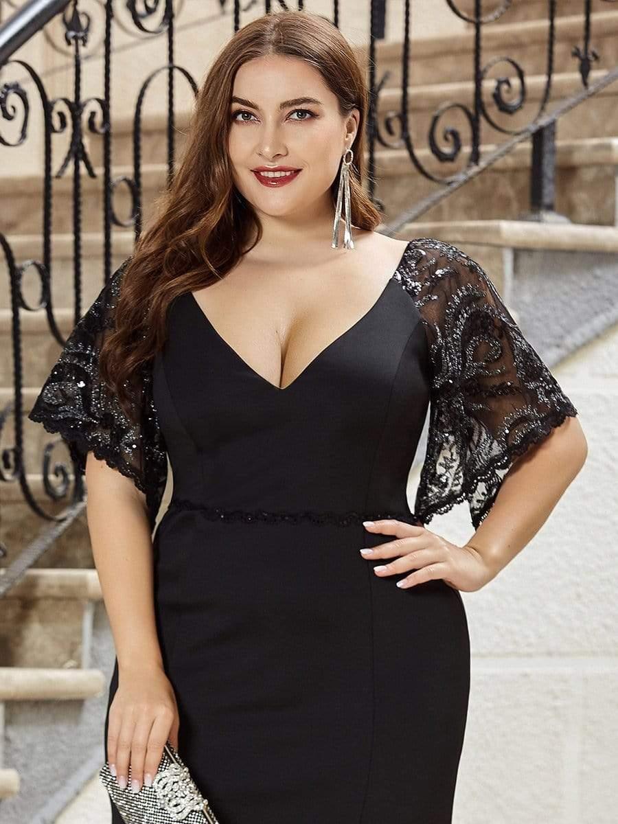 Beautiful Plus Size V-Neck Mermaid Evening Dress with Short Sleeves