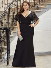 Beautiful Plus Size V-Neck Mermaid Evening Dress with Short Sleeves