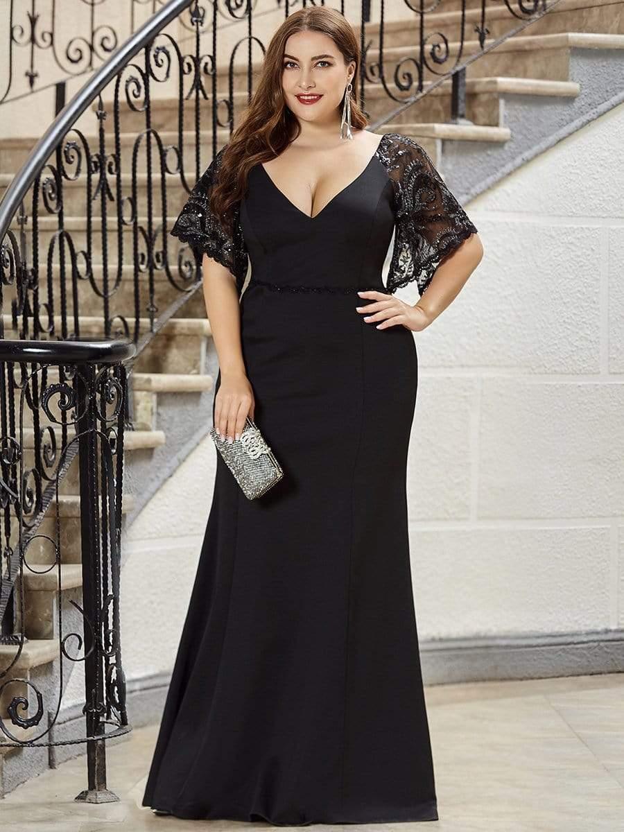 Beautiful Plus Size V-Neck Mermaid Evening Dress with Short Sleeves