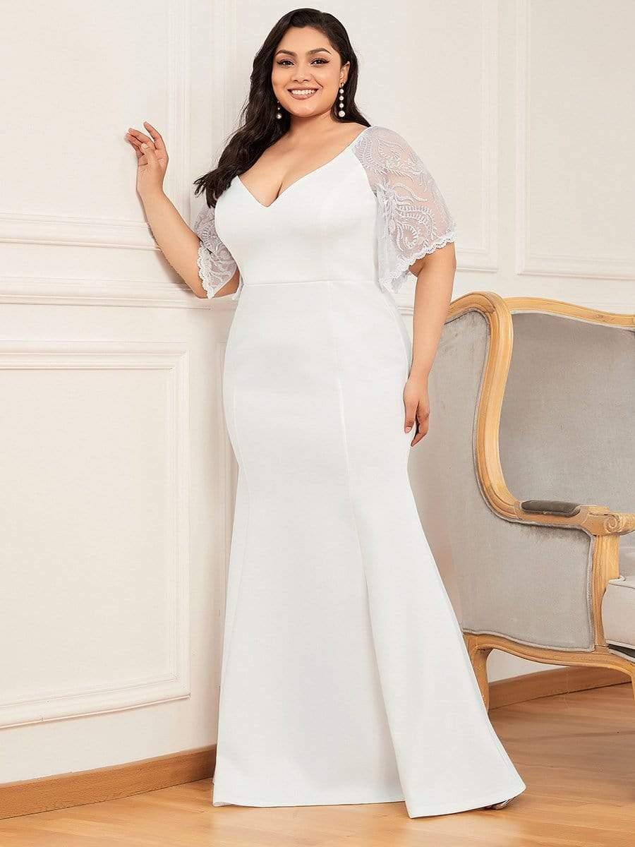 Beautiful Plus Size V-Neck Mermaid Evening Dress with Short Sleeves