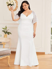 Beautiful Plus Size V-Neck Mermaid Evening Dress with Short Sleeves