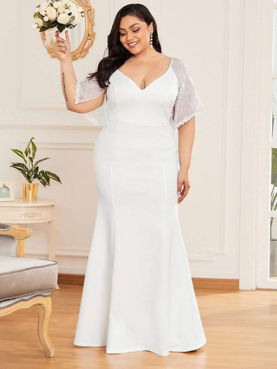 Beautiful Plus Size V-Neck Mermaid Evening Dress with Short Sleeves