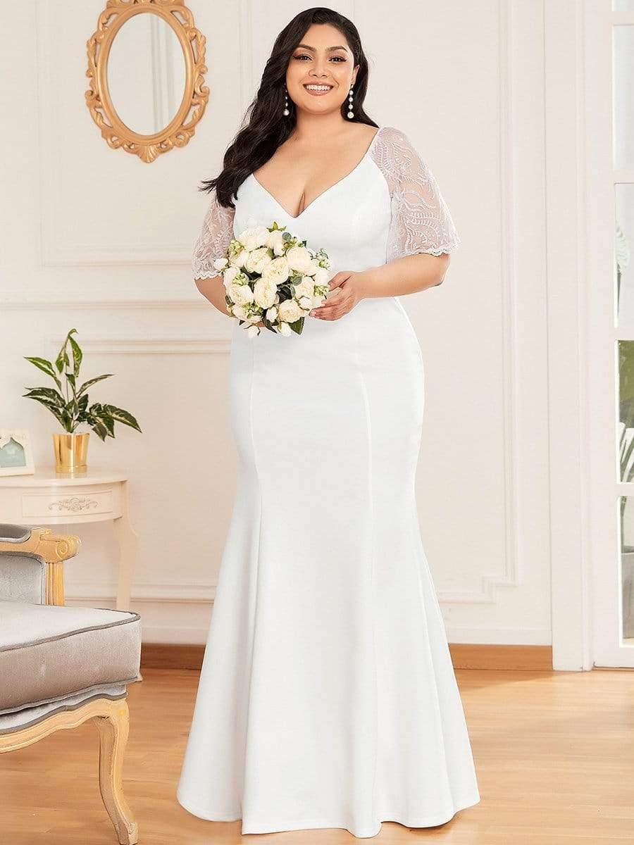Beautiful Plus Size V-Neck Mermaid Evening Dress with Short Sleeves