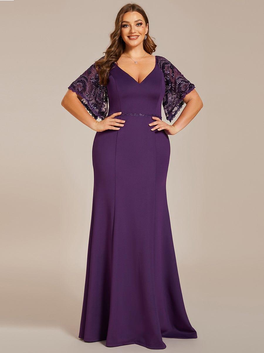 Beautiful Plus Size V-Neck Mermaid Evening Dress with Short Sleeves