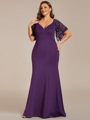 Beautiful Plus Size V-Neck Mermaid Evening Dress with Short Sleeves