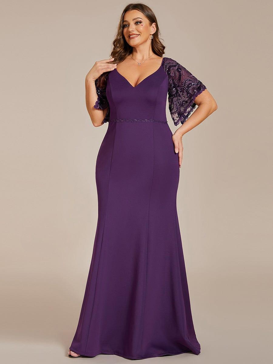 Beautiful Plus Size V-Neck Mermaid Evening Dress with Short Sleeves