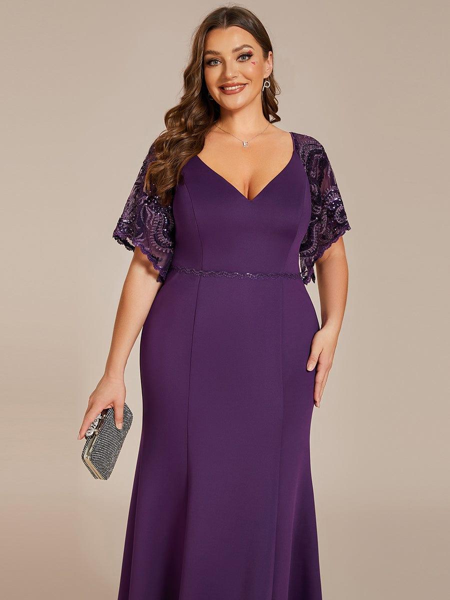 Beautiful Plus Size V-Neck Mermaid Evening Dress with Short Sleeves