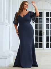 Beautiful Plus Size V-Neck Mermaid Evening Dress with Short Sleeves