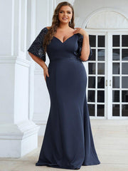Beautiful Plus Size V-Neck Mermaid Evening Dress with Short Sleeves