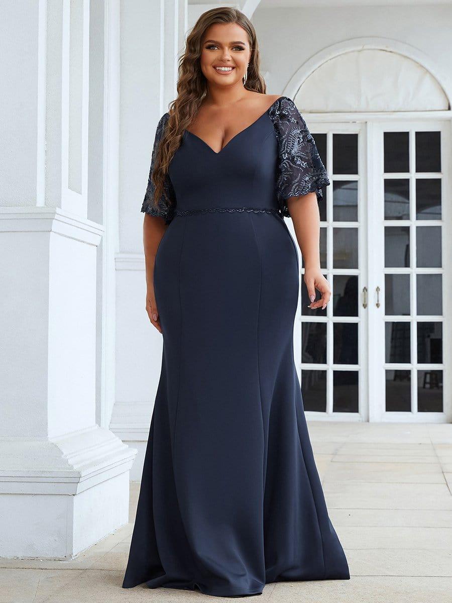 Beautiful Plus Size V-Neck Mermaid Evening Dress with Short Sleeves