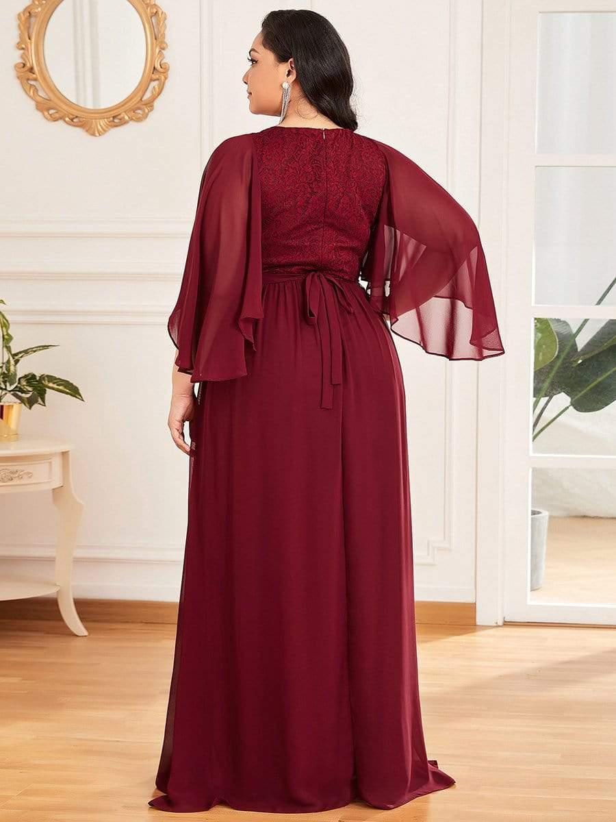 Classic Plus Size Deep V-Neck Lace Long Evening Dress with Sleeves