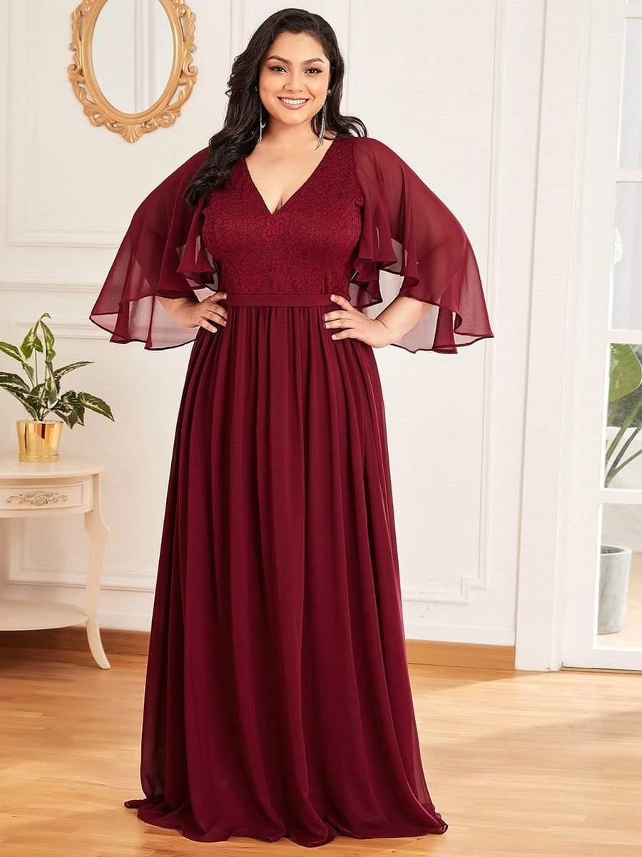Classic Plus Size Deep V-Neck Lace Long Evening Dress with Sleeves