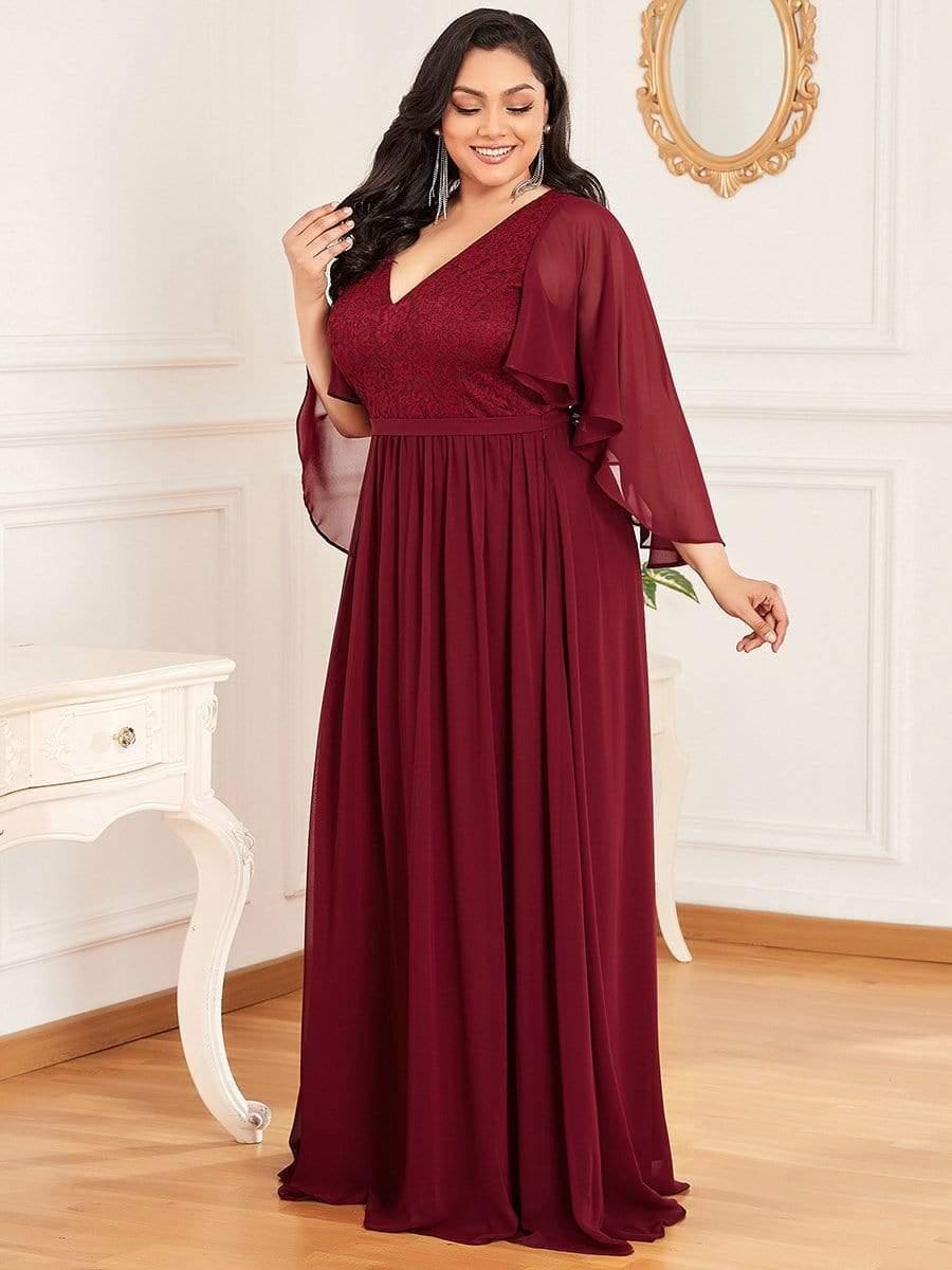 Classic Plus Size Deep V-Neck Lace Long Evening Dress with Sleeves