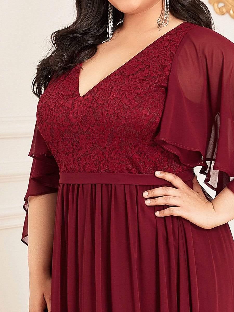 Classic Plus Size Deep V-Neck Lace Long Evening Dress with Sleeves