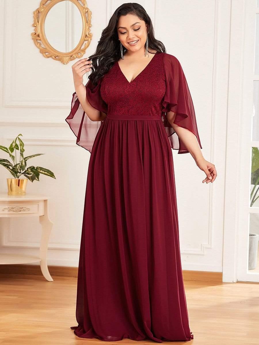Classic Plus Size Deep V-Neck Lace Long Evening Dress with Sleeves