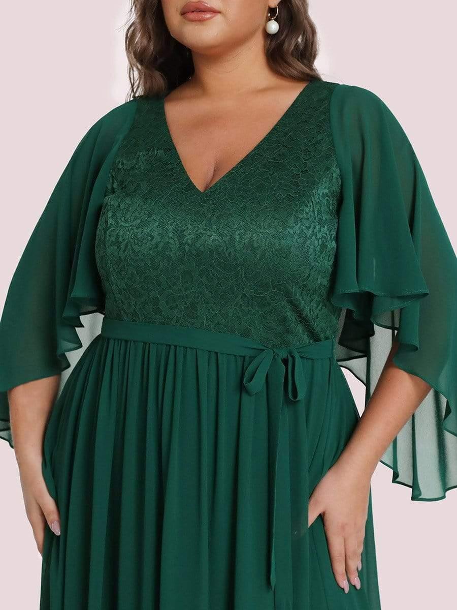 Classic Plus Size Deep V-Neck Lace Long Evening Dress with Sleeves